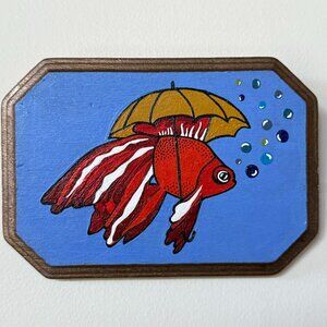 Hand-painted Goldfish on a Rainy Day Wooden Wall Decor